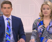 Anchors Dave Downey (left) and Grace Smith (right) introduce the top story during an episode of UMTV's NewsVision.