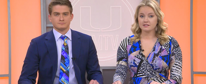 Anchors Dave Downey (left) and Grace Smith (right) introduce the top story during an episode of UMTV's NewsVision.