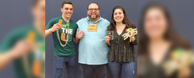 Policy debate team Vice-President Zach Homeijer, (left), Debate Co-Director Patrick Waldinger (center) and Policy debate team President Julia Lynch (right), enjoying their recent victories at the Liberty University Tournament in Lynchburg, Virginia