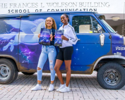 Students Stephanie Des Roches and Kianna Dorsey attended the recent School of Communication event featuring Pixar Animation Studios artist Carlos Felipe Leon. Photos: Jenny Hudak/University of Miami.