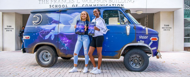 Students Stephanie Des Roches and Kianna Dorsey attended the recent School of Communication event featuring Pixar Animation Studios artist Carlos Felipe Leon. Photos: Jenny Hudak/University of Miami.