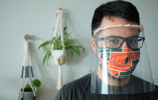 Zeven Rodriguez wears a finished shield and mask. Photo courtesy of Zeven Rodriguez.