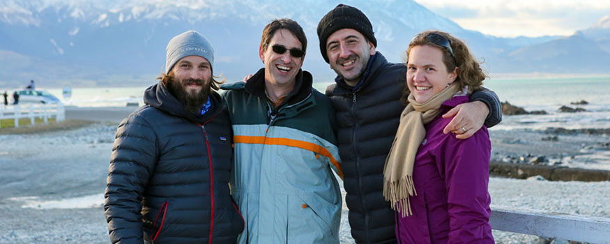 Dr. Michael Lucek, second from left—the instructor for the Ocean Health Voyage module on “Eco-Tourism”—wraps up production in Christchurch, New Zealand with filmmaker Ali Habashi, second from right, and colleagues.