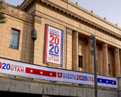 Banners hang from Kingsbury Hall ahead of Wednesday's vice-presidential debate between Republican Vice President Mike Pence and Democratic nominee Kamala Harris at the University of Utah in Salt Lake City. Photo: Associated Press