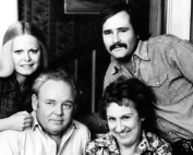 Photo of the cast of the television program "All in the Family." Standing are Sally Struthers (Gloria) and Rob Reiner (Michael); seated are Archie (Carroll O'Connor) and Edith (Jean Stapleton). Photo: CBS Television