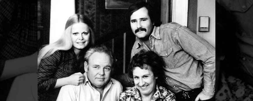 Photo of the cast of the television program "All in the Family." Standing are Sally Struthers (Gloria) and Rob Reiner (Michael); seated are Archie (Carroll O'Connor) and Edith (Jean Stapleton). Photo: CBS Television