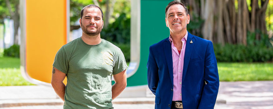Zachary Danney, left, is president of the Veteran Students Organization (VSO), and Jack Miller is an assistant professor of professional practice in the School of Communication and VSO advisor. Photo: Jenny Hudak/University of Miami