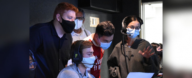 From left to right: Tyler Walsh, Ben Ezzy, Spencer Askinazy, and Jenna Weiss working in the control room during a NewsVision broadcast. Photo courtesy of Tyler Walsh.