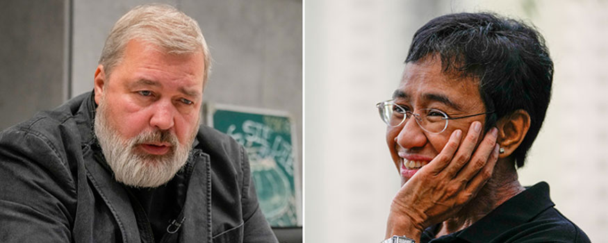 The 2021 Nobel Peace Prize was awarded to journalists Dmitry Muratov of Russia, left, and Maria Ressa of the Philippines. Photos: The Associated Press