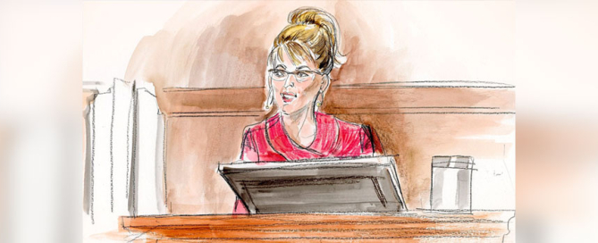 In this courtroom sketch, former Alaska Gov. Sarah Palin testifies in her defamation lawsuit against The New York Times in federal court on Feb. 9. Photo: The Associated Press