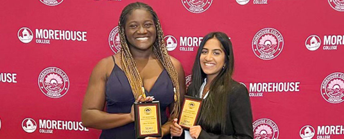 Delphine Djomo, left, and Iman Sami represented the Univesity of Miami at the Social Justice Debates held at Morehouse College in Atlanta.