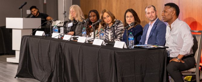 Prominent members of the University community gathered at the Lakeside Village Auditorium on Thursday, Aug. 25, to participate in a panel discussion hosted by the School of Communication. Photo: Matthew Rembold/University of Miami