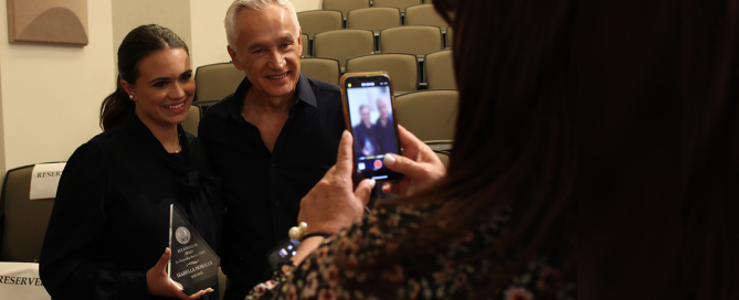 Jorge Ramos and School of Communication student Isabella Morales at the 74th Annual University of Miami Student Media Awards.