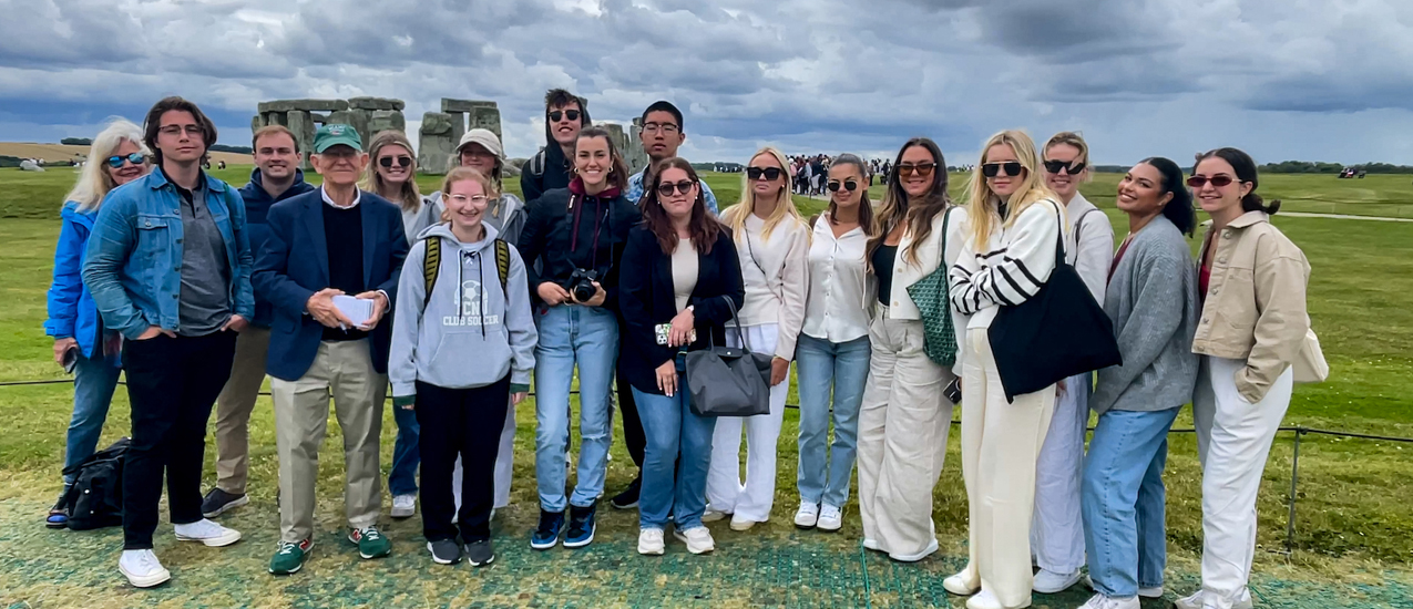 Students taking part in the three week Global Communication, London Summer study abroad program pose in front of Stonehenge.